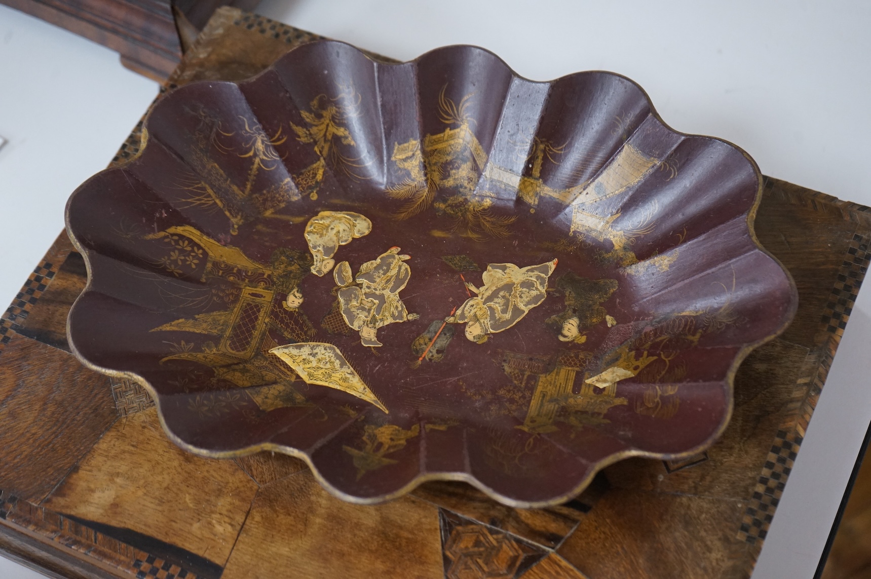 A Japanese Hakone ware inlaid wood box and a papier-mâché tray, largest 39cm wide